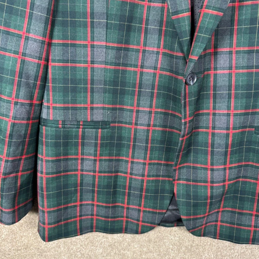 J. Ferrar Blazer Mens L 42/44 Green Red Tartan Plaid 360 Stretch Slim Fit Jacket